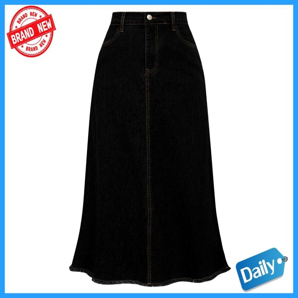Vintage Denim Maxi Skirt High Waist Elastic Raw Hem A-Line with Pockets